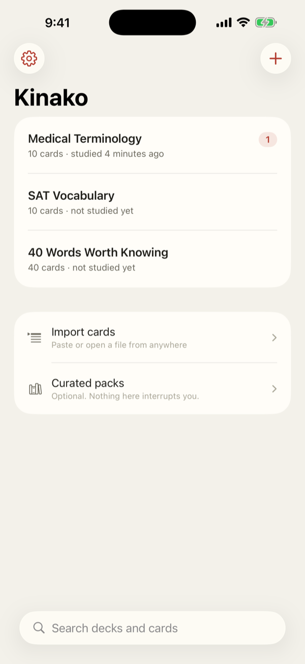 The Kinako library showing decks with due counts and a quiet progress indicator.