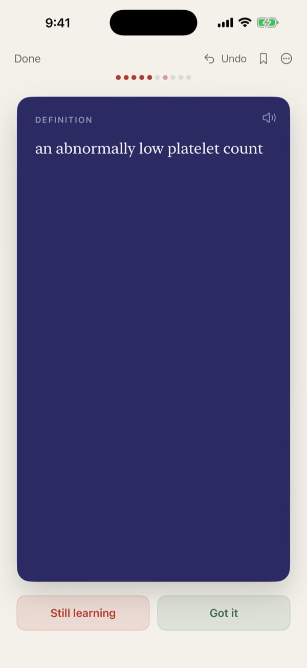 A Kinako study card with the answer revealed and two rating buttons: Still learning and Got it.